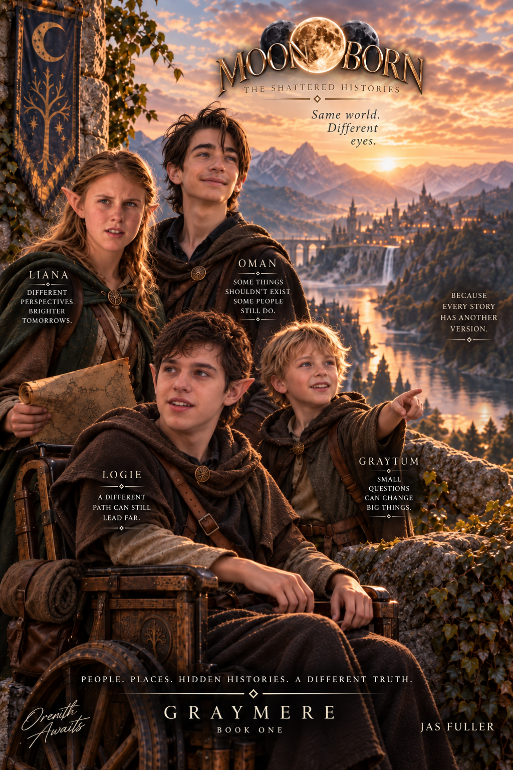 Graymere cast poster — Liana, Oman, Logie, and Graytum, with the Moonborn wordmark