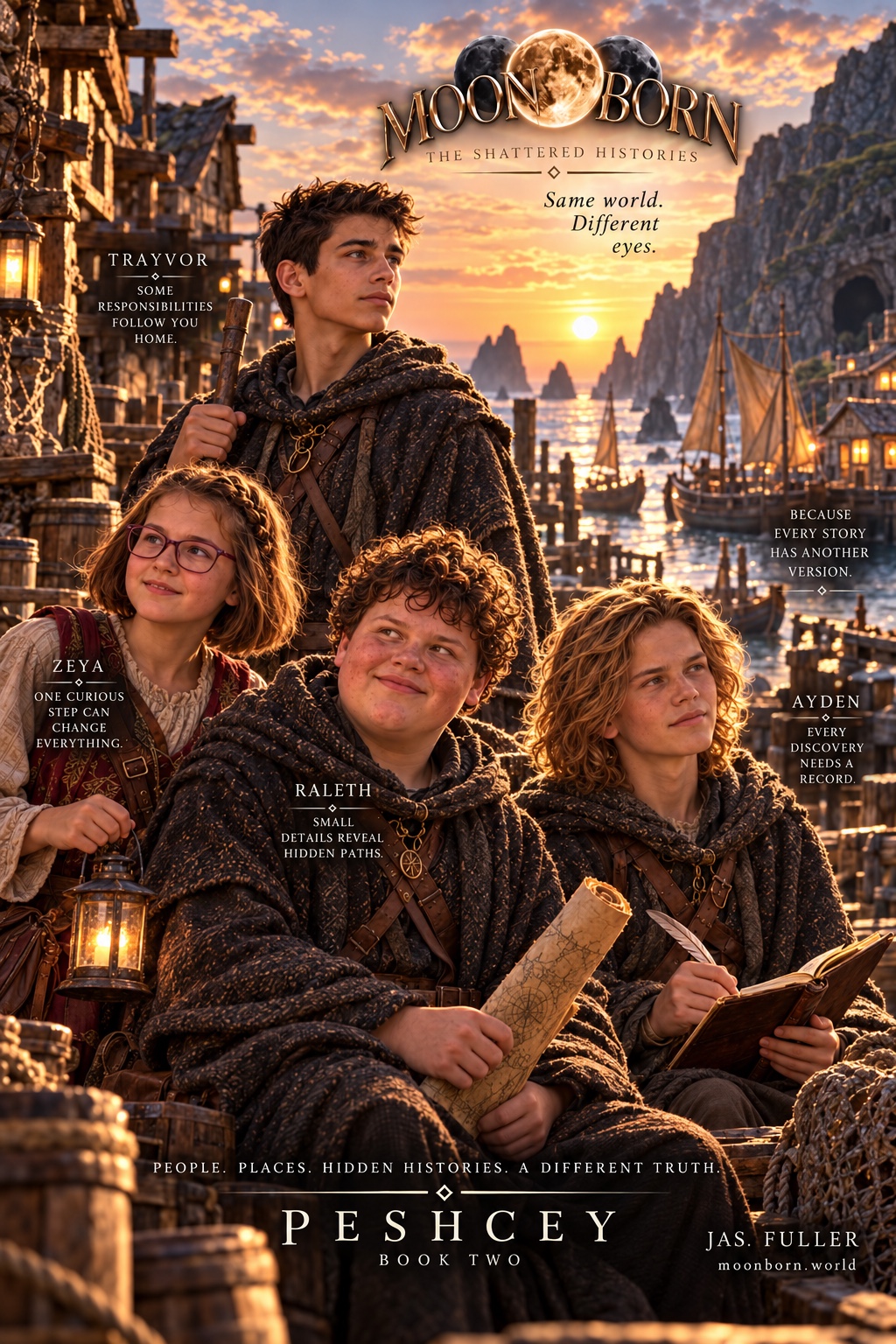Peshcey cast poster — Trayvor, Zeya, Raleth, and Ayden, with the Moonborn wordmark