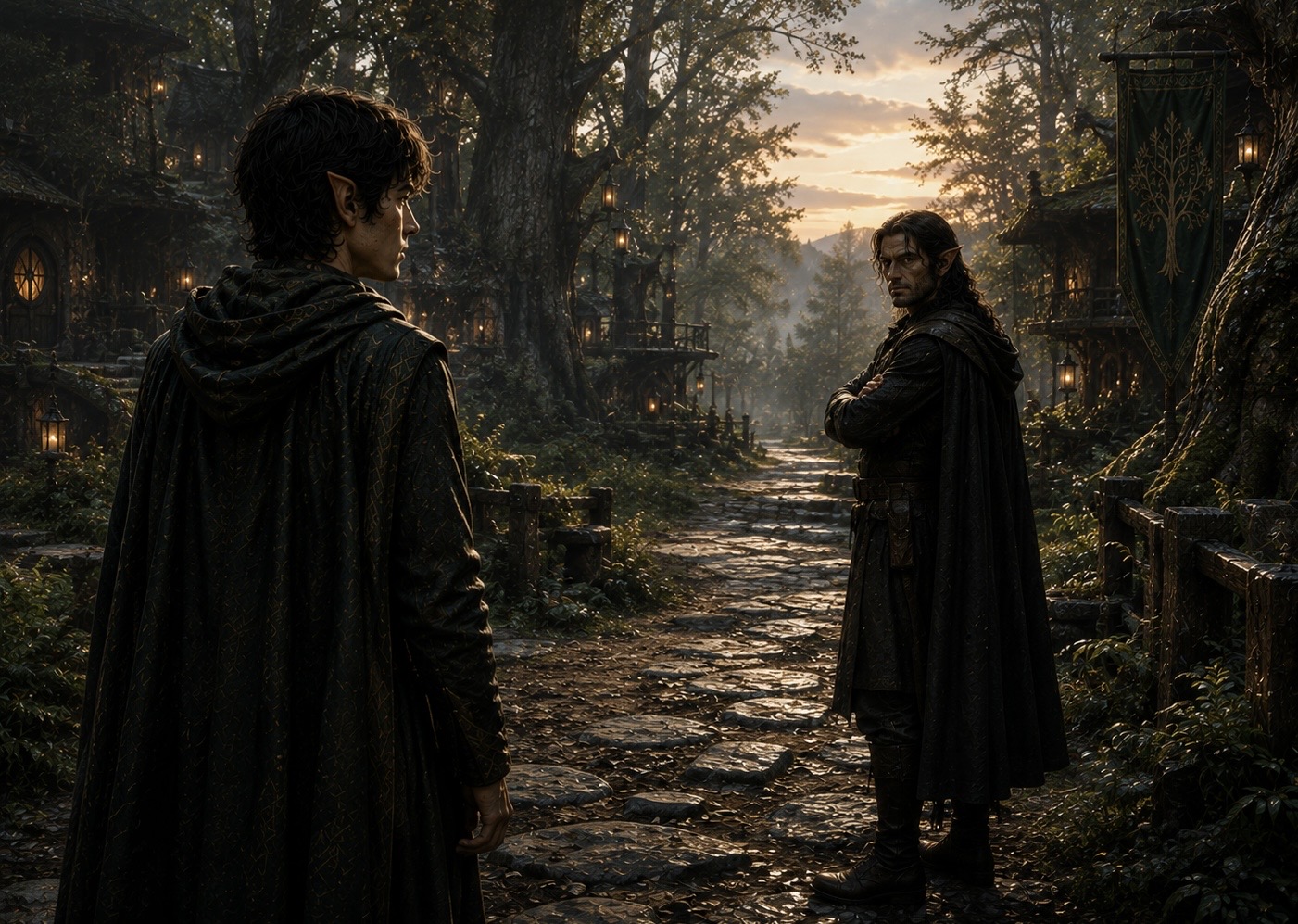 Two figures meeting on a lantern-lit path through a forest settlement at dusk